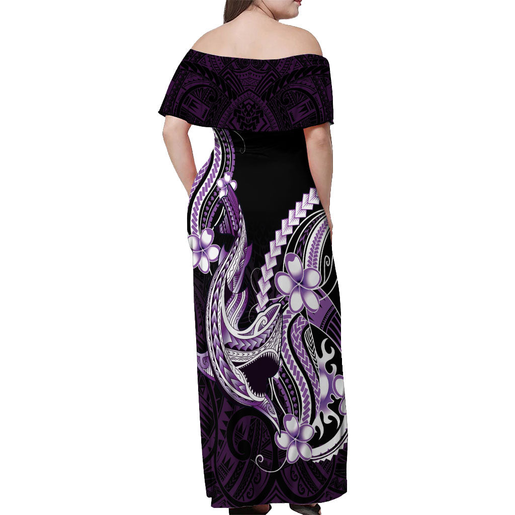 Purple Black Aloha Hawaii Off Shoulder Maxi Dress Polynesian Shark Tattoo Plumeria
