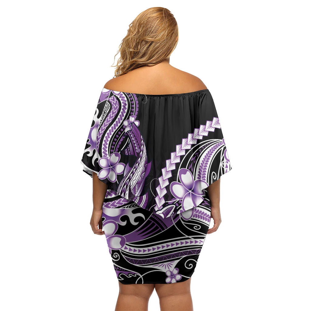 Purple Black Aloha Hawaii Off Shoulder Short Dress Polynesian Shark Tattoo Plumeria