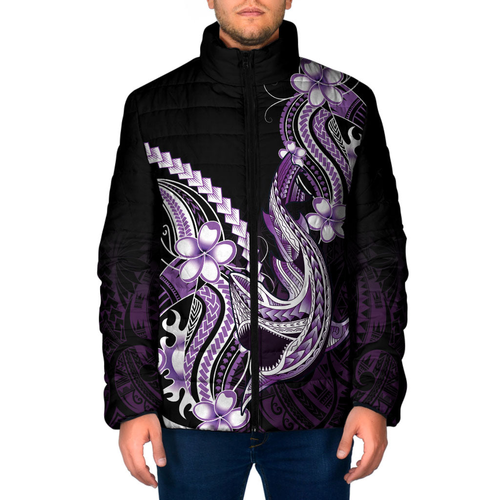 Purple Black Aloha Hawaii Padded Jacket Polynesian Shark Tattoo Plumeria