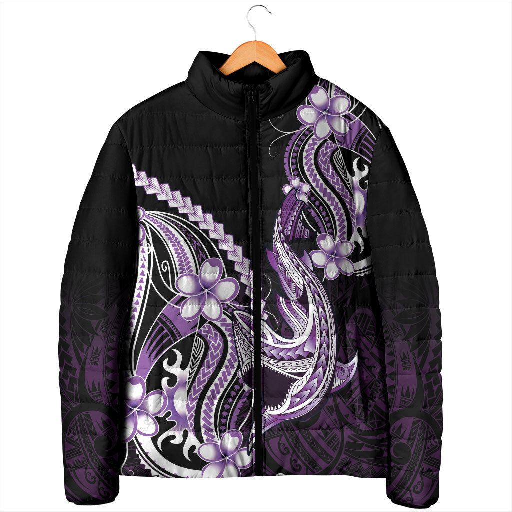 Purple Black Aloha Hawaii Padded Jacket Polynesian Shark Tattoo Plumeria