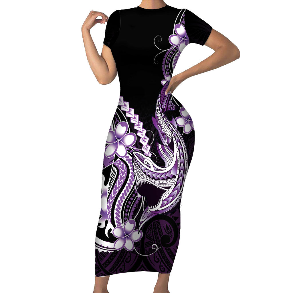 Purple Black Aloha Hawaii Short Sleeve Bodycon Dress Polynesian Shark Tattoo Plumeria LT14 Long Dress Purple - Polynesian Pride