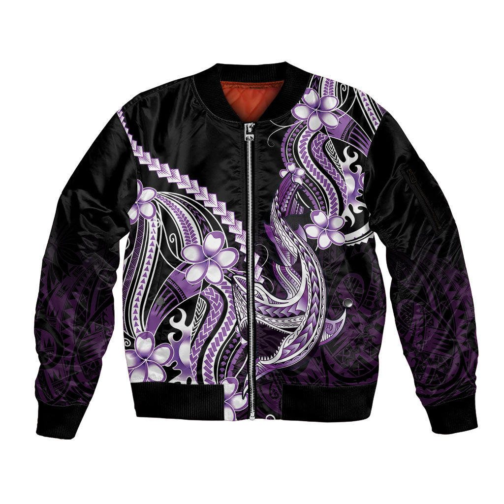 Purple Black Aloha Hawaii Sleeve Zip Bomber Jacket Polynesian Shark Tattoo Plumeria LT14 Unisex Purple - Polynesian Pride