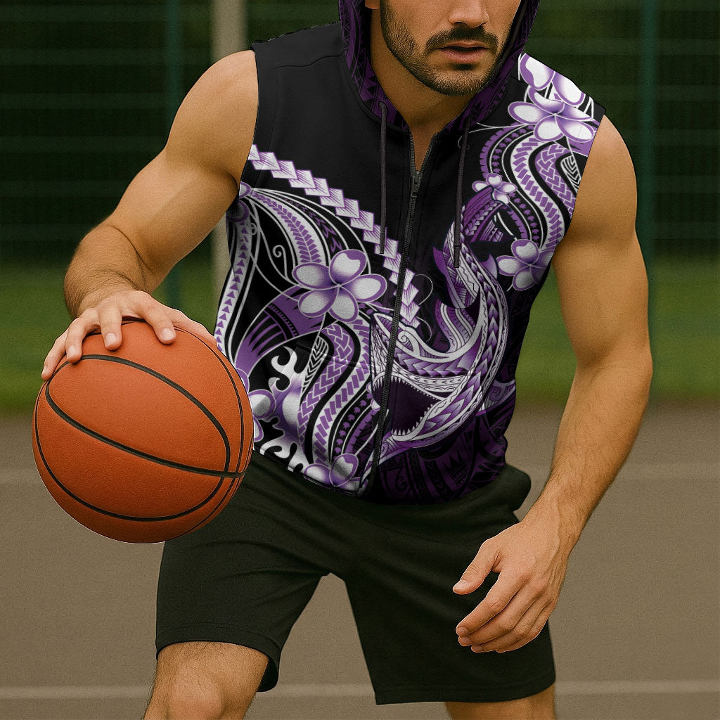 Purple Black Aloha Hawaii Sleeveless Zip Hoodie Polynesian Shark Tattoo Plumeria LT14 - Polynesian Pride