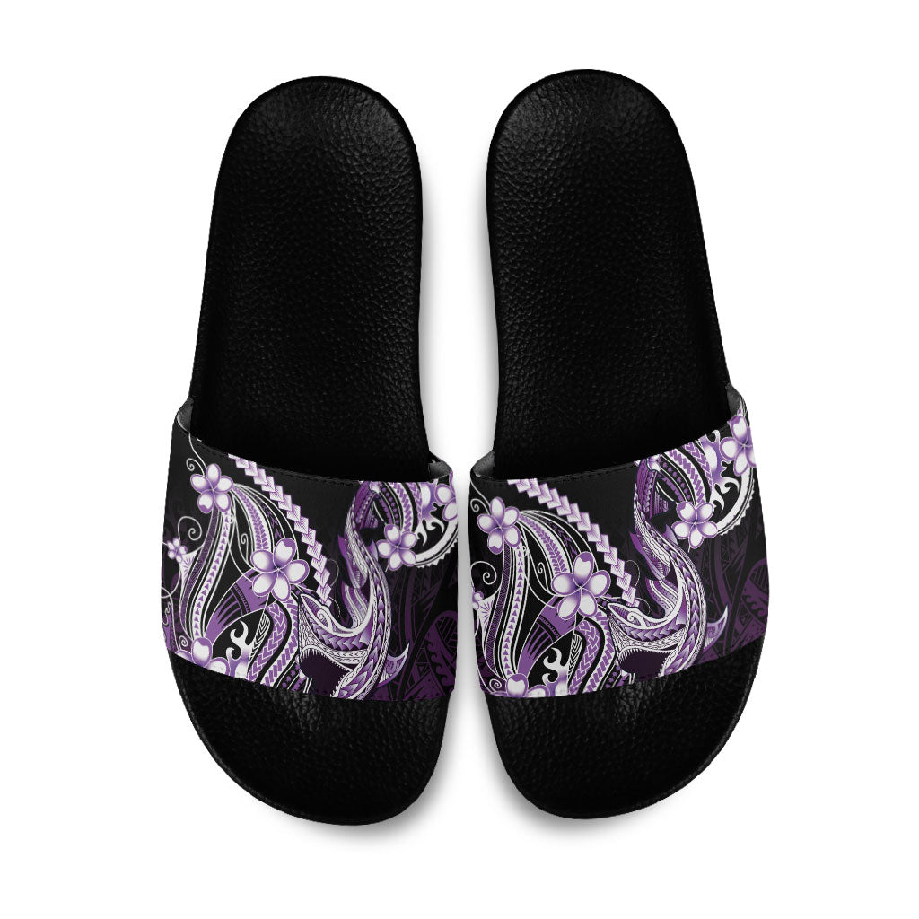 Purple Black Aloha Hawaii Slide Sandals Polynesian Shark Tattoo Plumeria