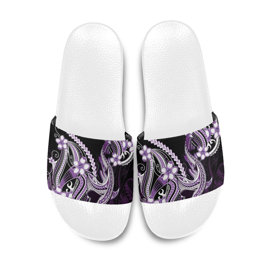 Purple Black Aloha Hawaii Slide Sandals Polynesian Shark Tattoo Plumeria