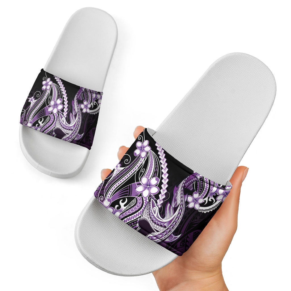 Purple Black Aloha Hawaii Slide Sandals Polynesian Shark Tattoo Plumeria