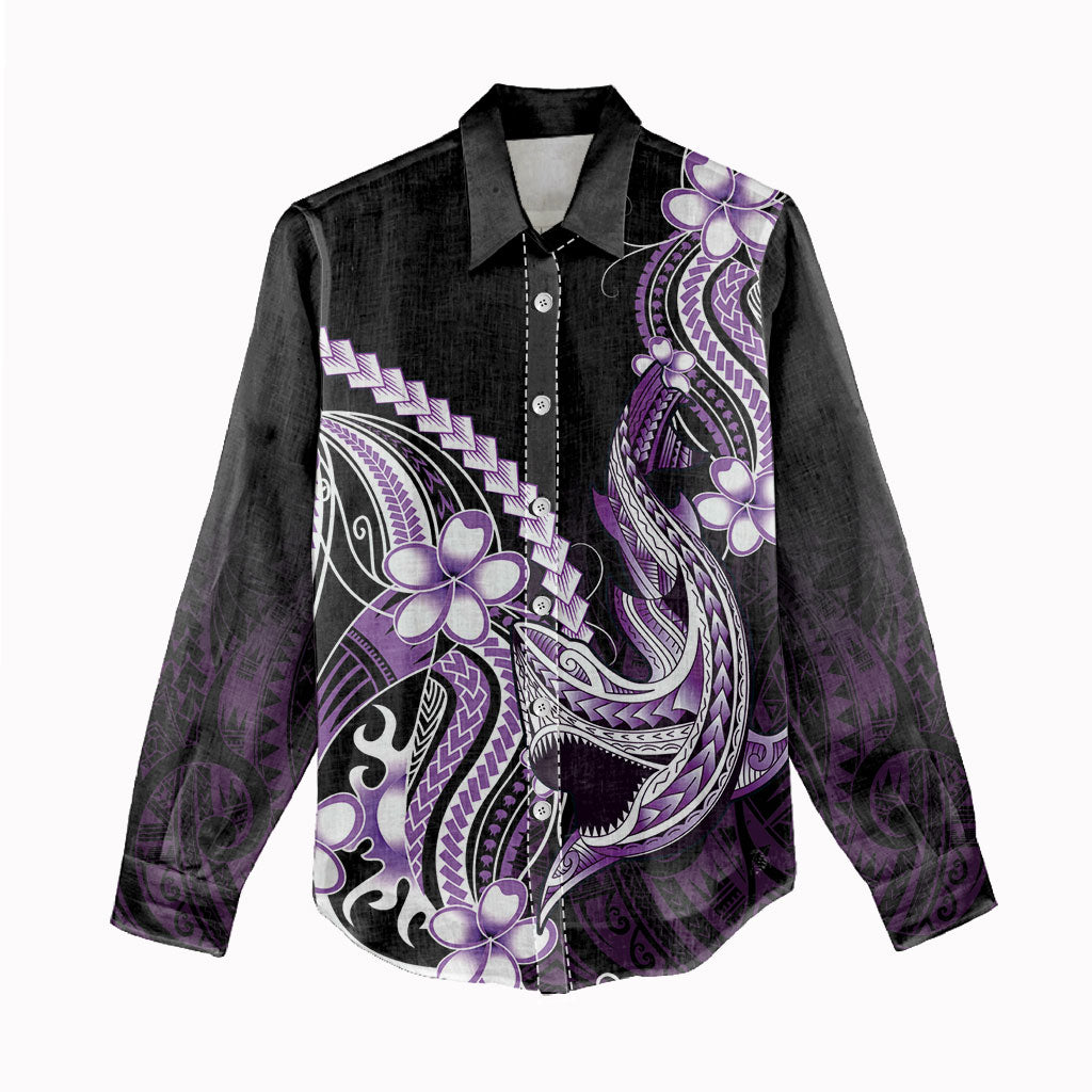 Purple Black Aloha Hawaii Women Casual Shirt Polynesian Shark Tattoo Plumeria LT14 - Polynesian Pride