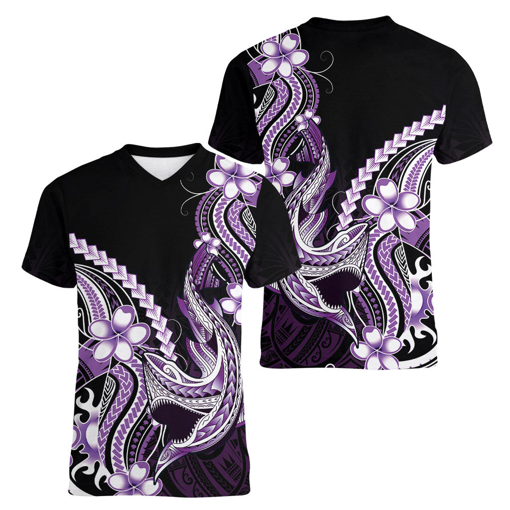 Purple Black Aloha Hawaii Women V-Neck T-Shirt Polynesian Shark Tattoo Plumeria LT14 - Polynesian Pride