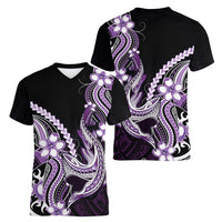 Purple Black Aloha Hawaii Women V-Neck T-Shirt Polynesian Shark Tattoo Plumeria LT14 - Polynesian Pride