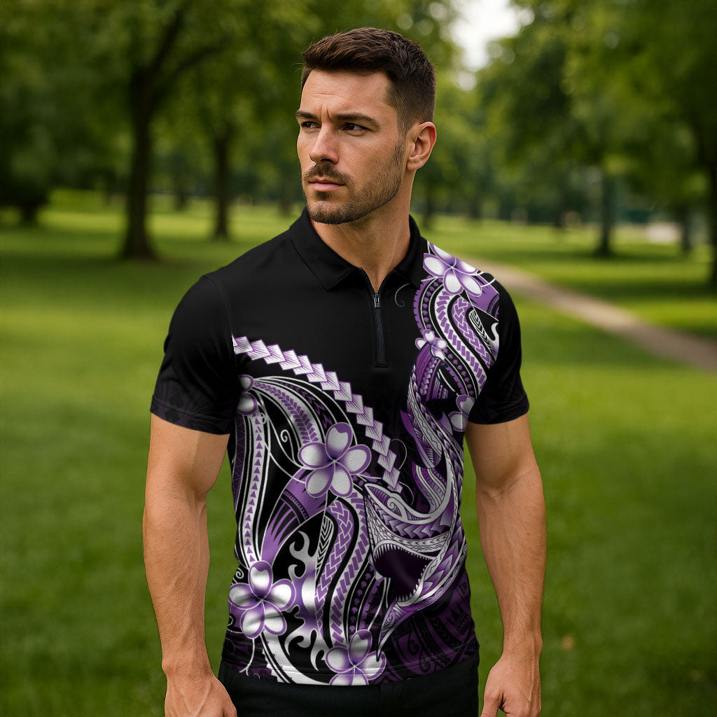 Purple Black Aloha Hawaii Zipper Polo Shirt Polynesian Shark Tattoo Plumeria LT14 - Polynesian Pride