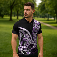 Purple Black Aloha Hawaii Zipper Polo Shirt Polynesian Shark Tattoo Plumeria LT14 - Polynesian Pride