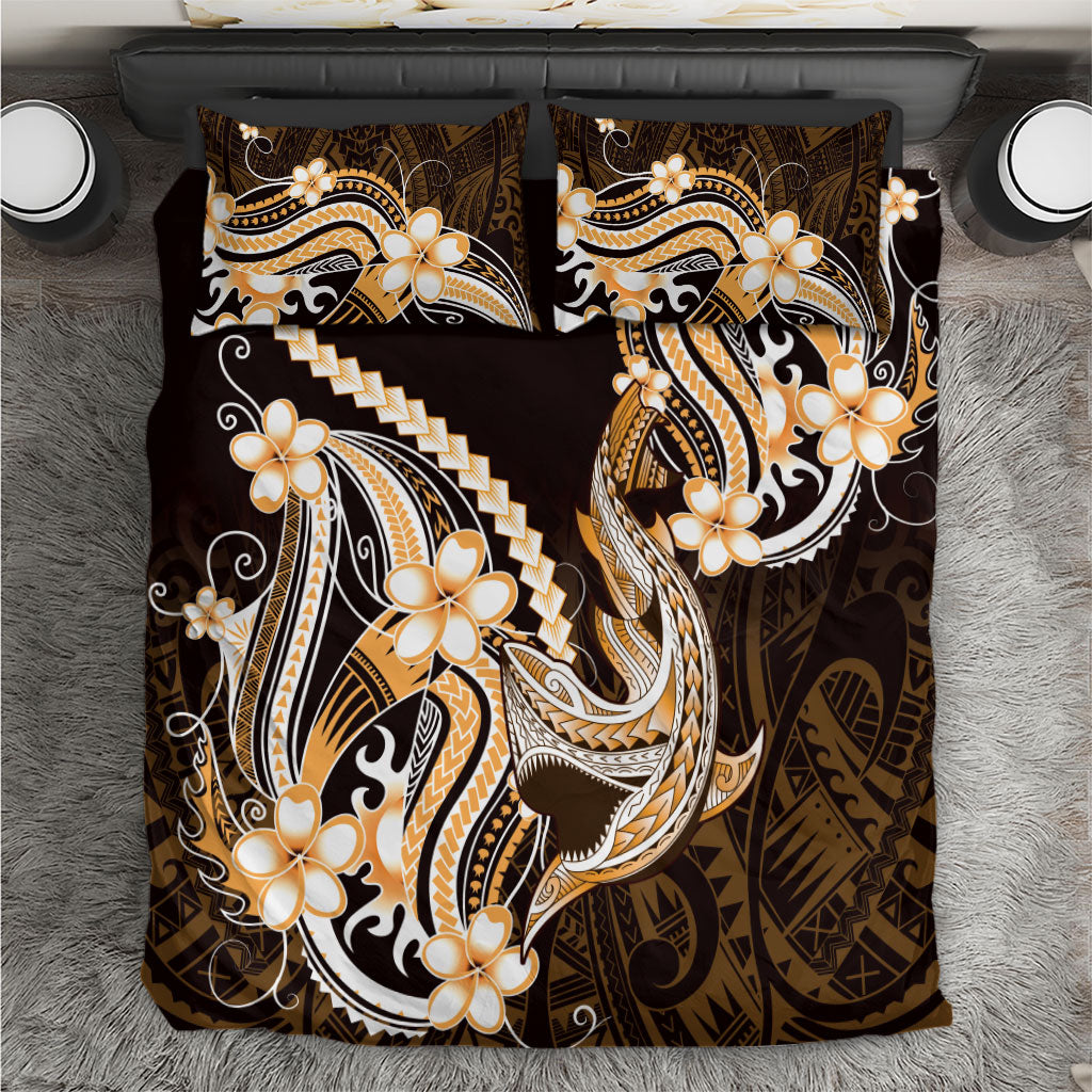 Orange Black Aloha Hawaii Bedding Set Polynesian Shark Tattoo Plumeria