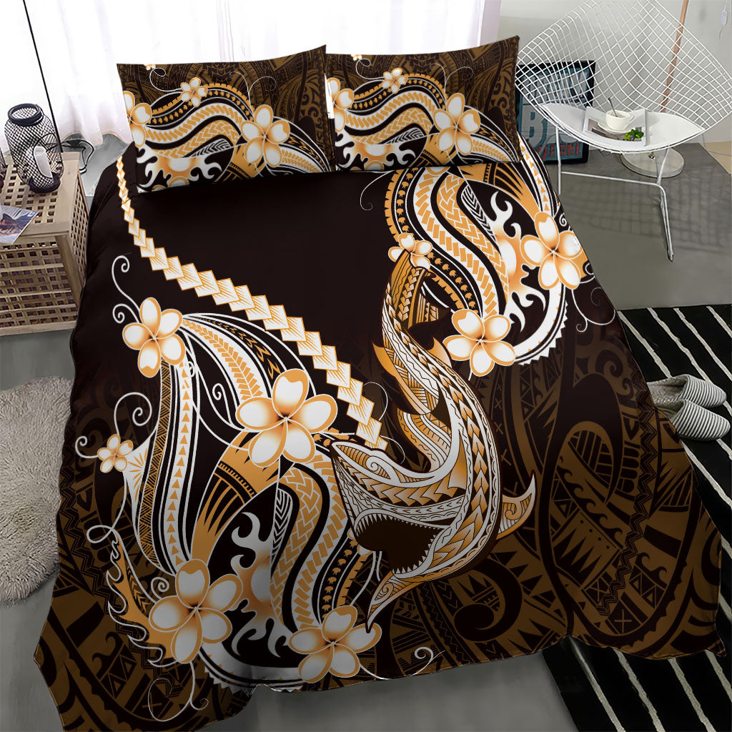 Orange Black Aloha Hawaii Bedding Set Polynesian Shark Tattoo Plumeria
