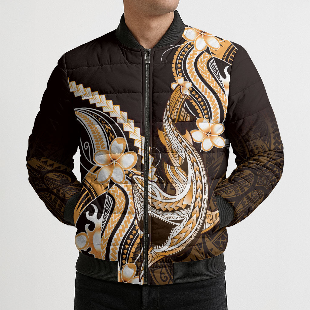 Orange Black Aloha Hawaii Bomber Puffer Jacket Polynesian Shark Tattoo Plumeria