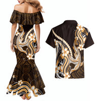Orange Black Aloha Hawaii Couples Matching Mermaid Dress and Hawaiian Shirt Polynesian Shark Tattoo Plumeria LT14 - Polynesian Pride