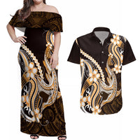 Orange Black Aloha Hawaii Couples Matching Off Shoulder Maxi Dress and Hawaiian Shirt Polynesian Shark Tattoo Plumeria LT14 Orange - Polynesian Pride