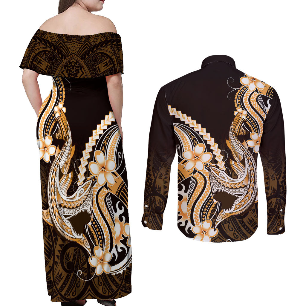Orange Black Aloha Hawaii Couples Matching Off Shoulder Maxi Dress and Long Sleeve Button Shirt Polynesian Shark Tattoo Plumeria LT14 - Polynesian Pride