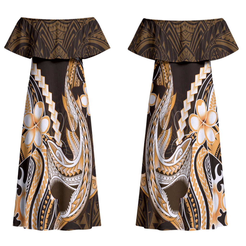 Orange Black Aloha Hawaii Couples Matching Off Shoulder Maxi Dress and Long Sleeve Button Shirt Polynesian Shark Tattoo Plumeria LT14 - Polynesian Pride