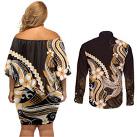 Orange Black Aloha Hawaii Couples Matching Off Shoulder Short Dress and Long Sleeve Button Shirt Polynesian Shark Tattoo Plumeria LT14 - Polynesian Pride