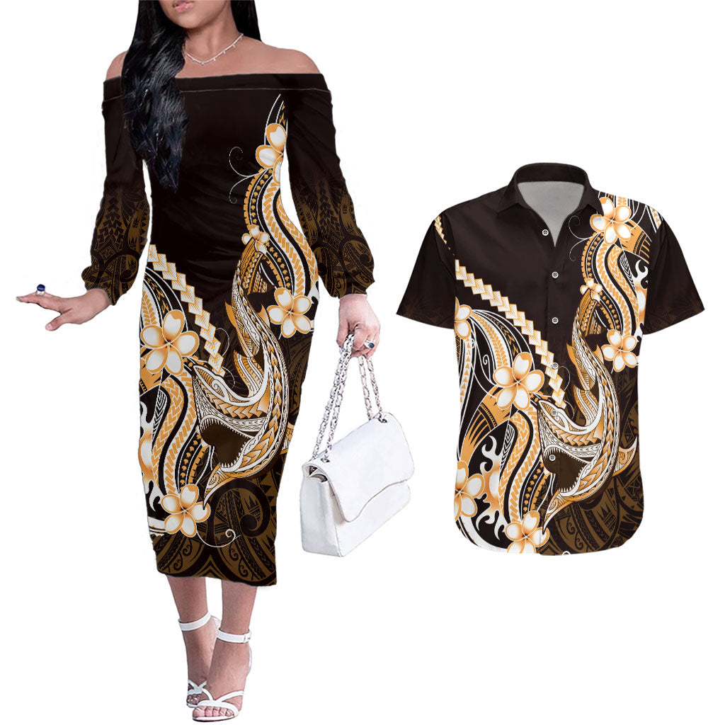 Orange Black Aloha Hawaii Couples Matching Off The Shoulder Long Sleeve Dress and Hawaiian Shirt Polynesian Shark Tattoo Plumeria LT14 Orange - Polynesian Pride