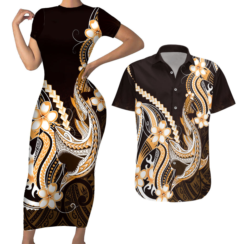 Orange Black Aloha Hawaii Couples Matching Short Sleeve Bodycon Dress and Hawaiian Shirt Polynesian Shark Tattoo Plumeria