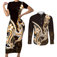 Orange Black Aloha Hawaii Couples Matching Short Sleeve Bodycon Dress and Long Sleeve Button Shirt Polynesian Shark Tattoo Plumeria LT14 Orange - Polynesian Pride