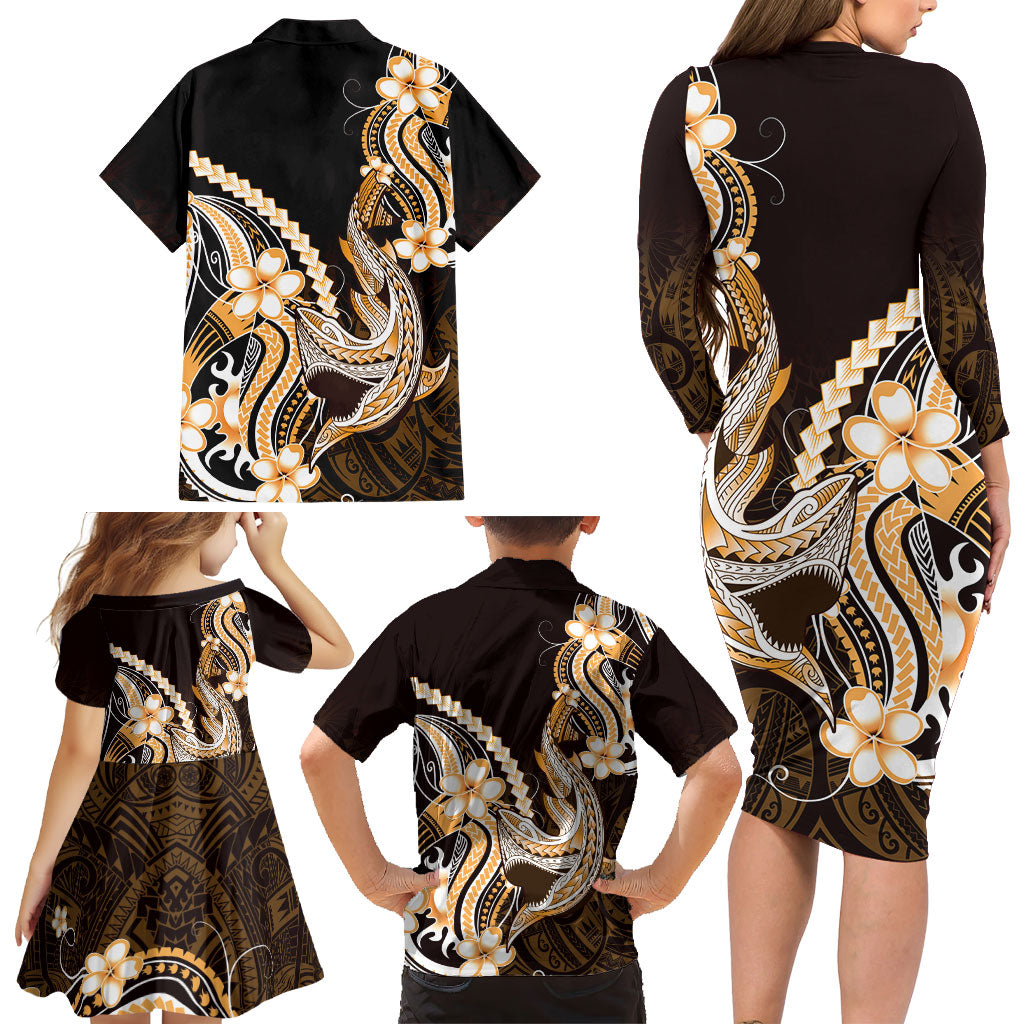 Orange Black Aloha Hawaii Family Matching Long Sleeve Bodycon Dress and Hawaiian Shirt Polynesian Shark Tattoo Plumeria LT14 - Polynesian Pride