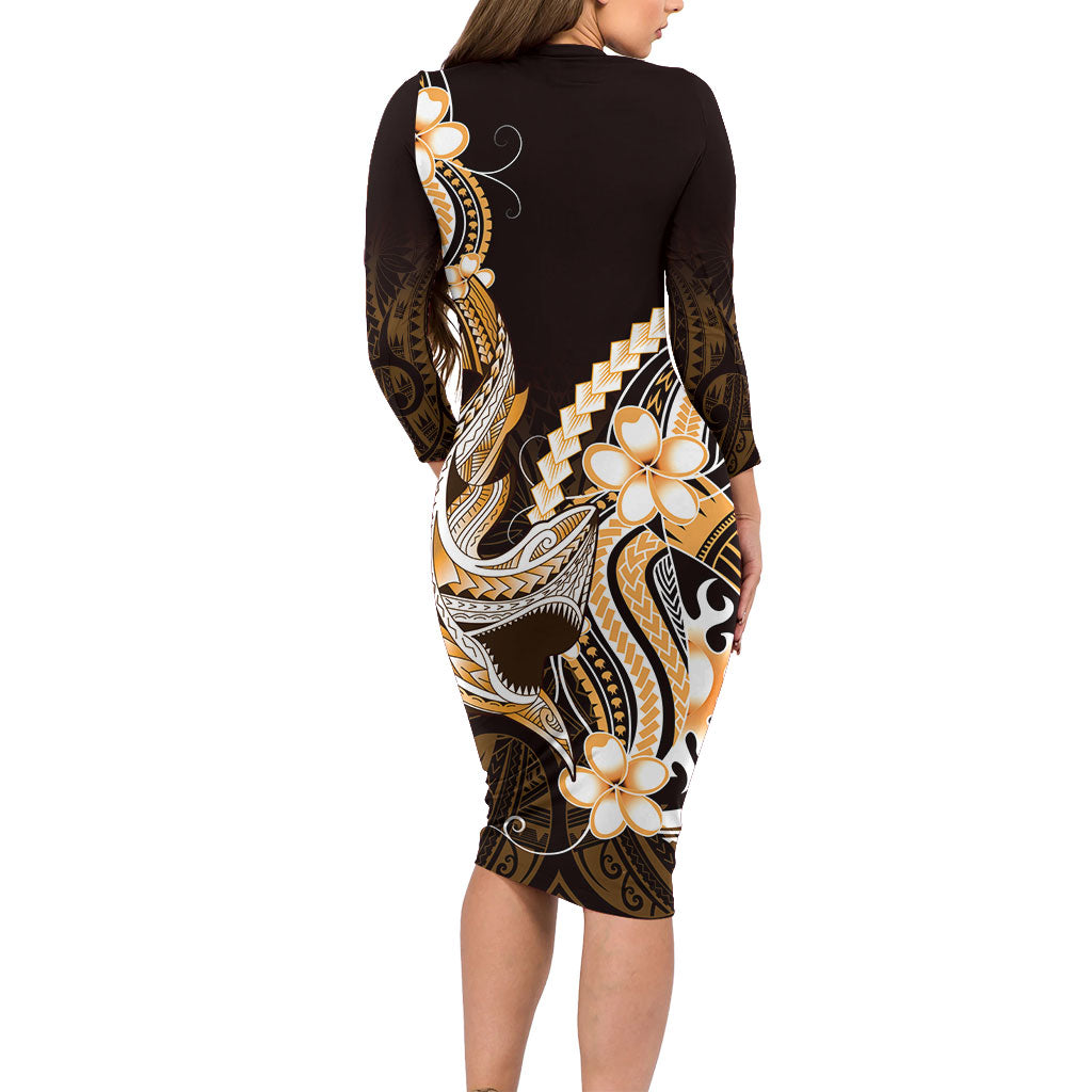 Orange Black Aloha Hawaii Family Matching Long Sleeve Bodycon Dress and Hawaiian Shirt Polynesian Shark Tattoo Plumeria LT14 - Polynesian Pride
