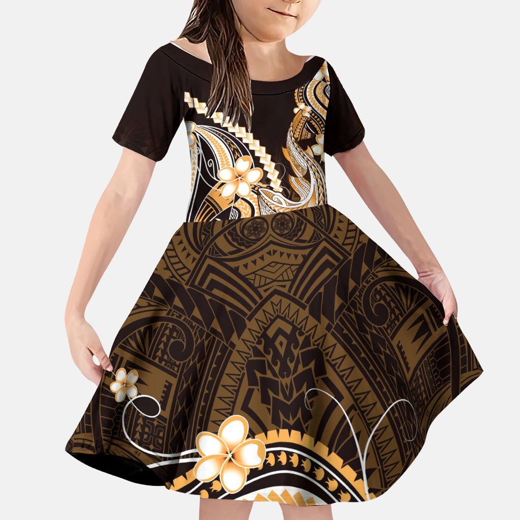 Orange Black Aloha Hawaii Family Matching Mermaid Dress and Hawaiian Shirt Polynesian Shark Tattoo Plumeria LT14 Daughter's Dress Orange - Polynesian Pride