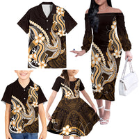 Orange Black Aloha Hawaii Family Matching Off The Shoulder Long Sleeve Dress and Hawaiian Shirt Polynesian Shark Tattoo Plumeria LT14 - Polynesian Pride