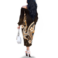 Orange Black Aloha Hawaii Family Matching Off The Shoulder Long Sleeve Dress and Hawaiian Shirt Polynesian Shark Tattoo Plumeria LT14 - Polynesian Pride