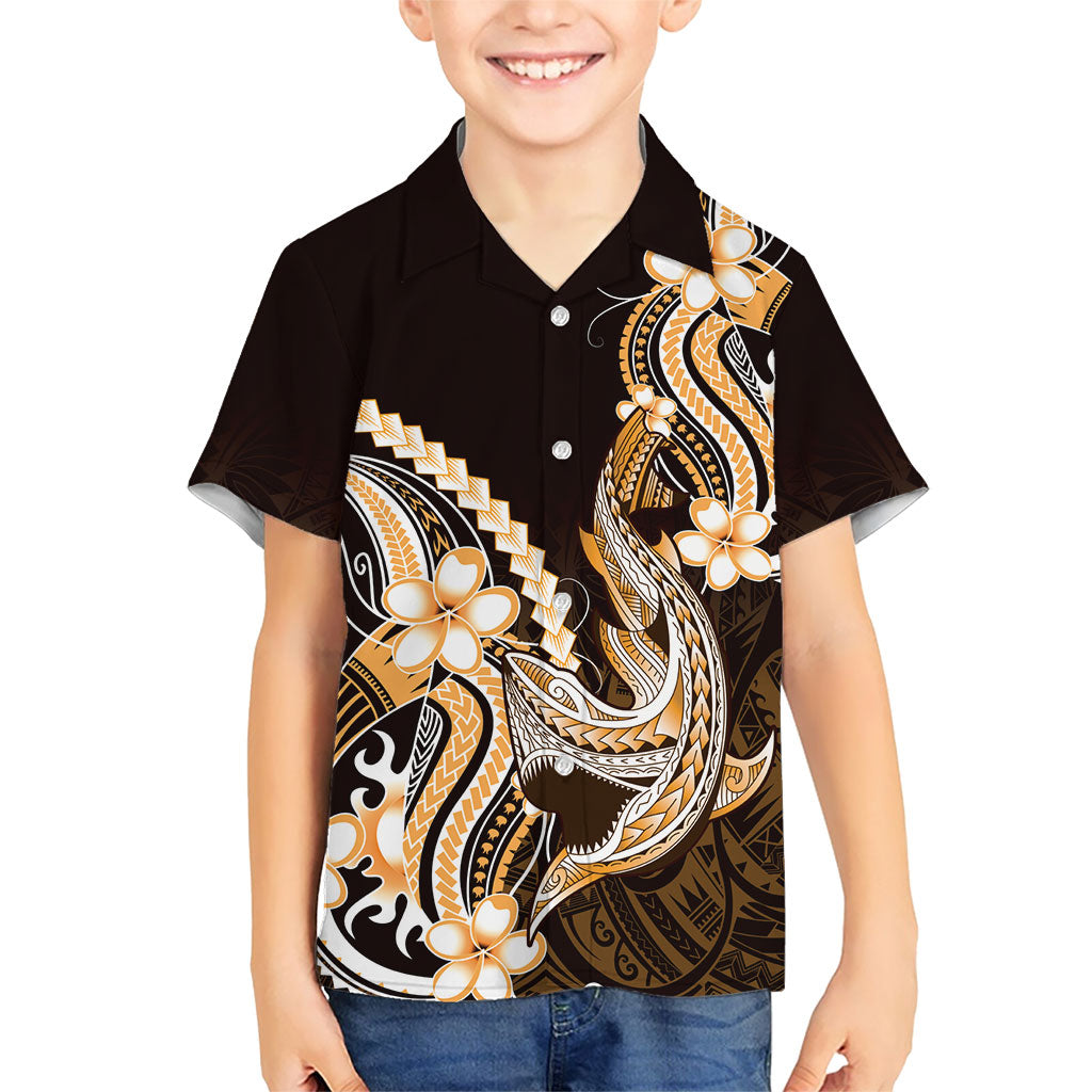 Orange Black Aloha Hawaii Family Matching Off The Shoulder Long Sleeve Dress and Hawaiian Shirt Polynesian Shark Tattoo Plumeria LT14 Son's Shirt Orange - Polynesian Pride