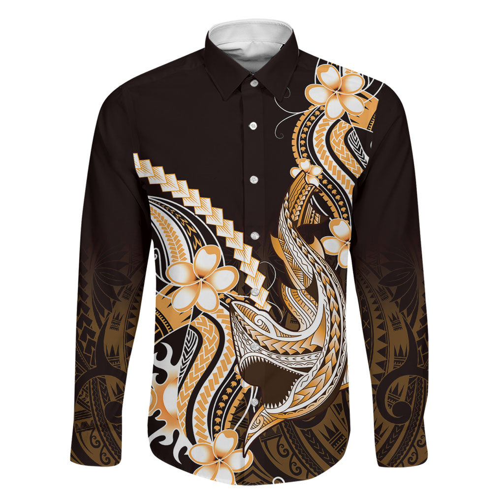 Orange Black Aloha Hawaii Family Matching Off Shoulder Maxi Dress and Hawaiian Shirt Polynesian Shark Tattoo Plumeria LT14 Dad's Shirt - Long Sleeve Orange - Polynesian Pride