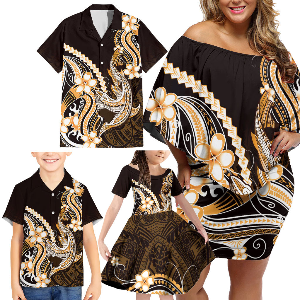 Orange Black Aloha Hawaii Family Matching Off Shoulder Short Dress and Hawaiian Shirt Polynesian Shark Tattoo Plumeria