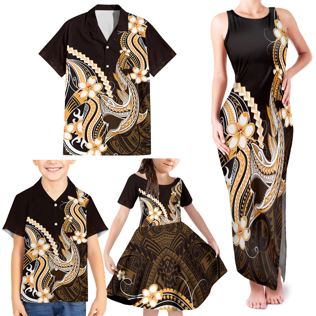 Orange Black Aloha Hawaii Family Matching Tank Maxi Dress and Hawaiian Shirt Polynesian Shark Tattoo Plumeria LT14 - Polynesian Pride