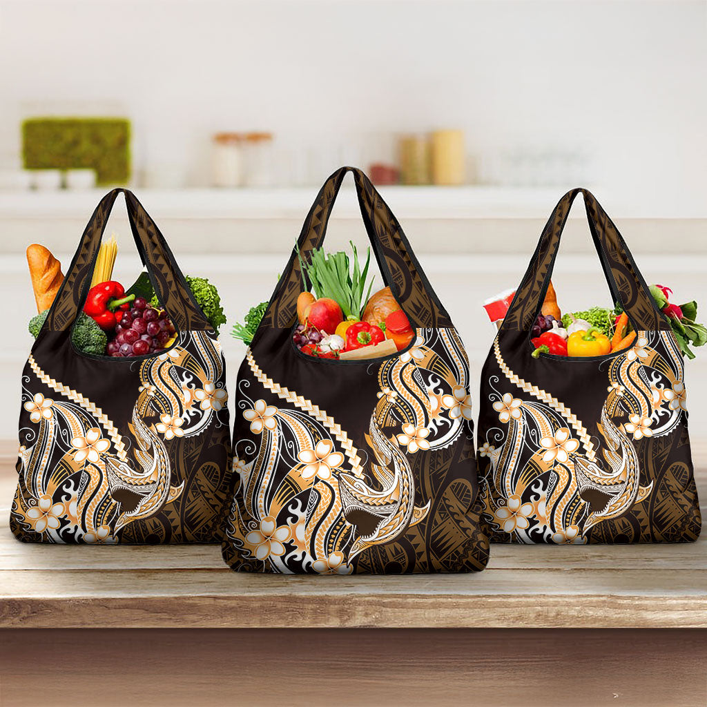 Orange Black Aloha Hawaii Grocery Bag Polynesian Shark Tattoo Plumeria