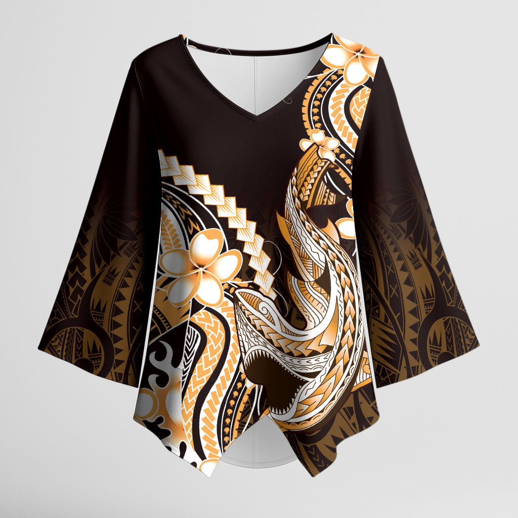 Orange Black Aloha Hawaii Kimono Sleeve Blouse Polynesian Shark Tattoo Plumeria