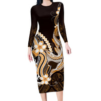 Orange Black Aloha Hawaii Long Sleeve Bodycon Dress Polynesian Shark Tattoo Plumeria LT14 Long Dress Orange - Polynesian Pride