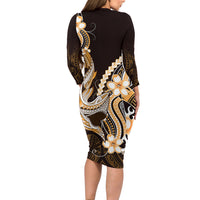 Orange Black Aloha Hawaii Long Sleeve Bodycon Dress Polynesian Shark Tattoo Plumeria LT14 - Polynesian Pride