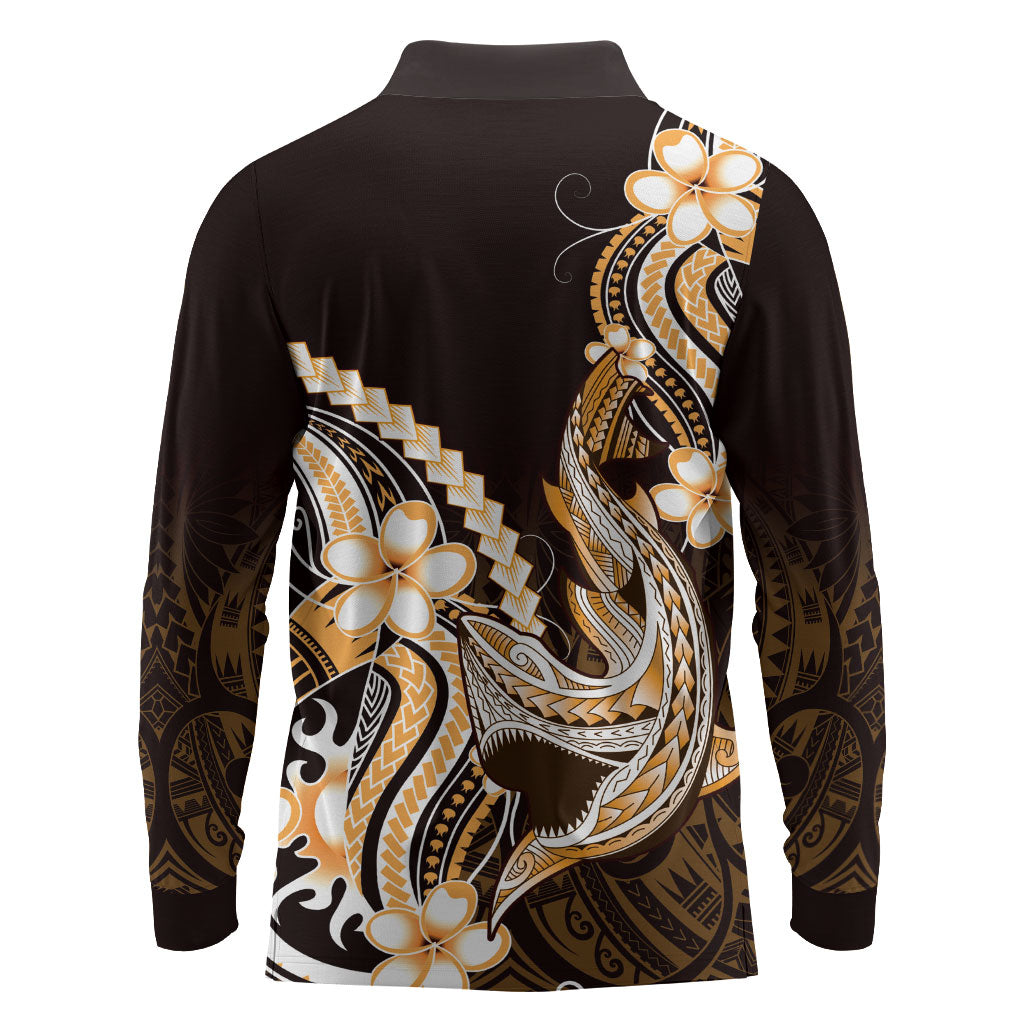 Orange Black Aloha Hawaii Long Sleeve Polo Shirt Polynesian Shark Tattoo Plumeria