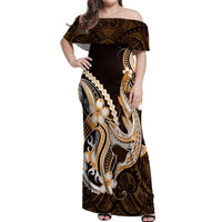 Orange Black Aloha Hawaii Off Shoulder Maxi Dress Polynesian Shark Tattoo Plumeria