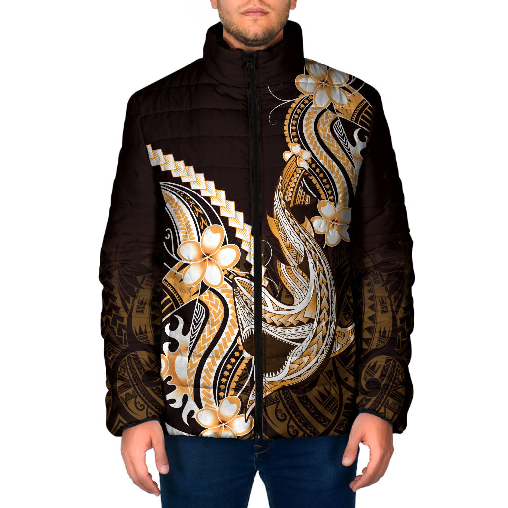 Orange Black Aloha Hawaii Padded Jacket Polynesian Shark Tattoo Plumeria