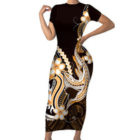 Orange Black Aloha Hawaii Short Sleeve Bodycon Dress Polynesian Shark Tattoo Plumeria LT14 Long Dress Orange - Polynesian Pride