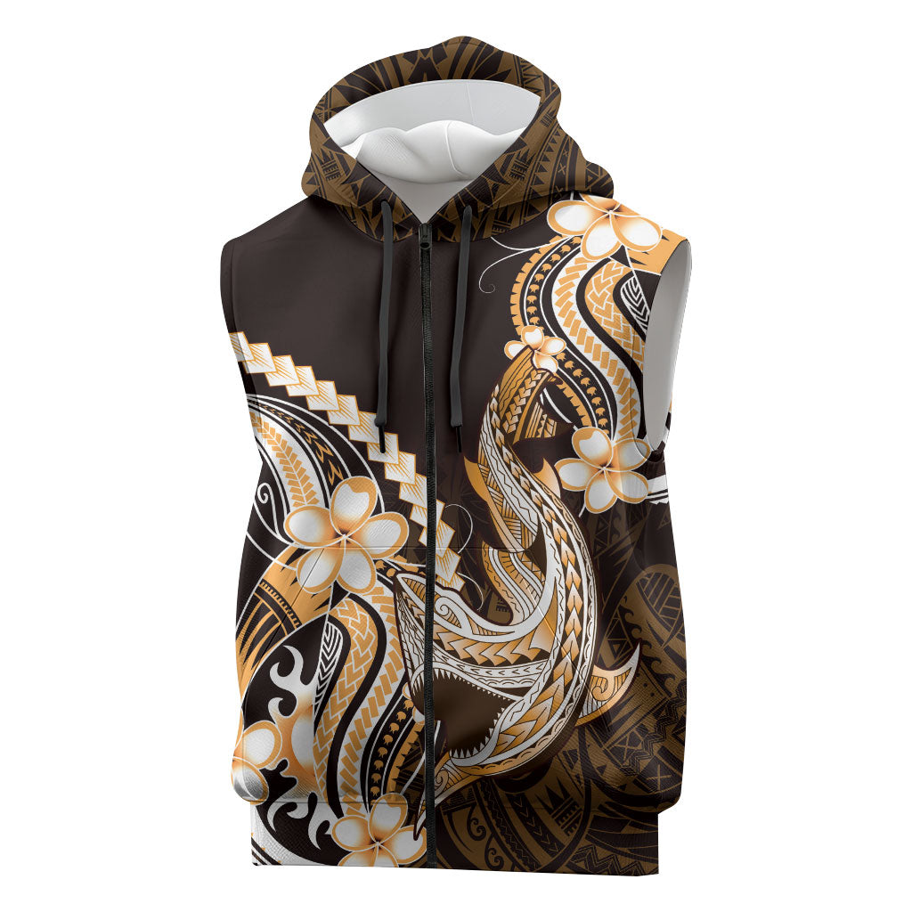 Orange Black Aloha Hawaii Sleeveless Zip Hoodie Polynesian Shark Tattoo Plumeria