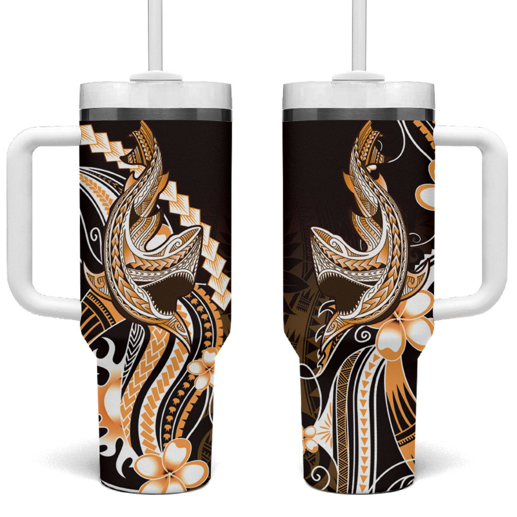 Orange Black Aloha Hawaii Tumbler With Handle Polynesian Shark Tattoo Plumeria LT14 One Size: 40 oz Orange - Polynesian Pride