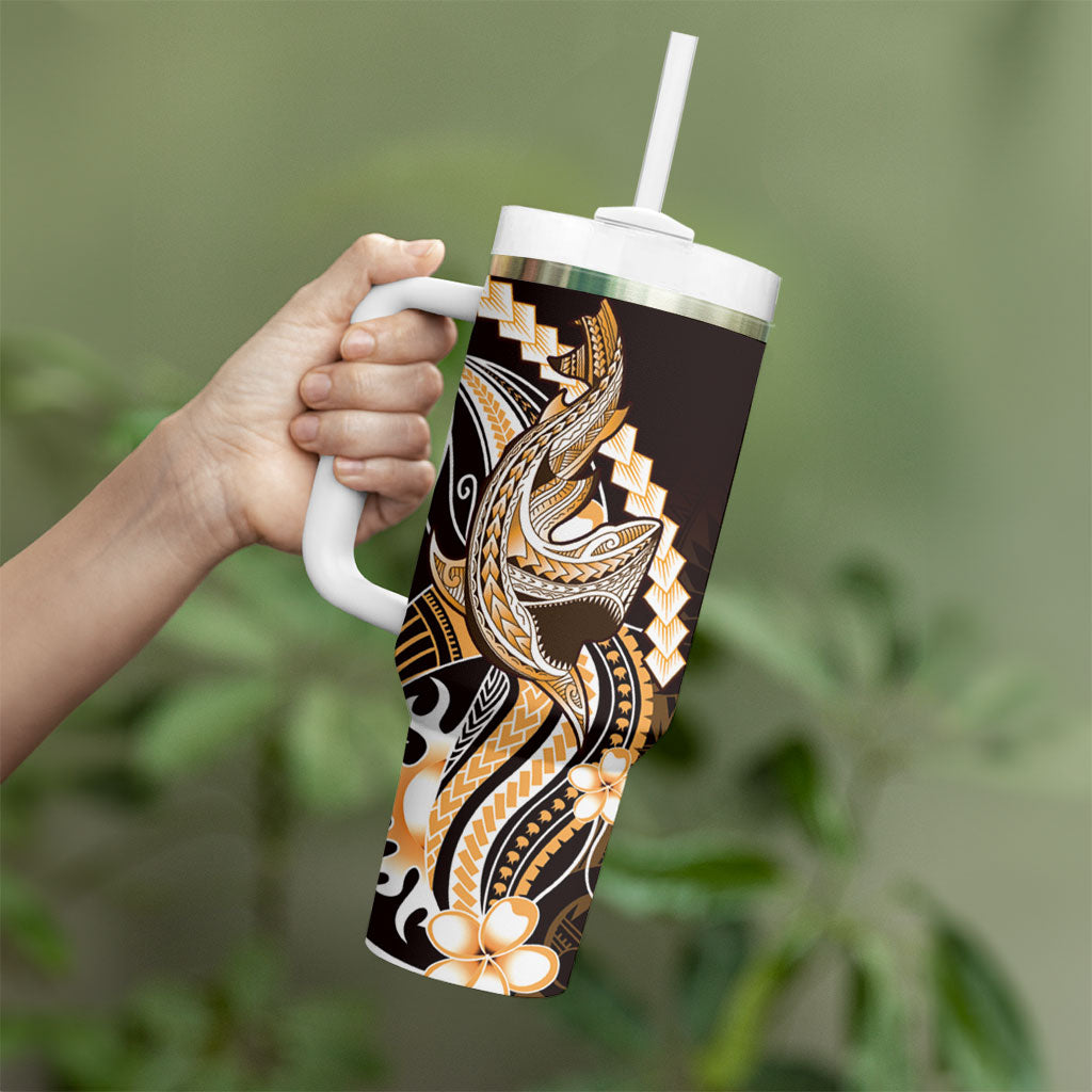 Orange Black Aloha Hawaii Tumbler With Handle Polynesian Shark Tattoo Plumeria LT14 - Polynesian Pride