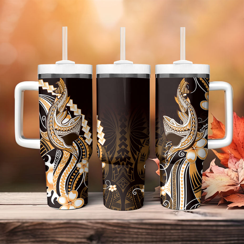 Orange Black Aloha Hawaii Tumbler With Handle Polynesian Shark Tattoo Plumeria LT14 - Polynesian Pride