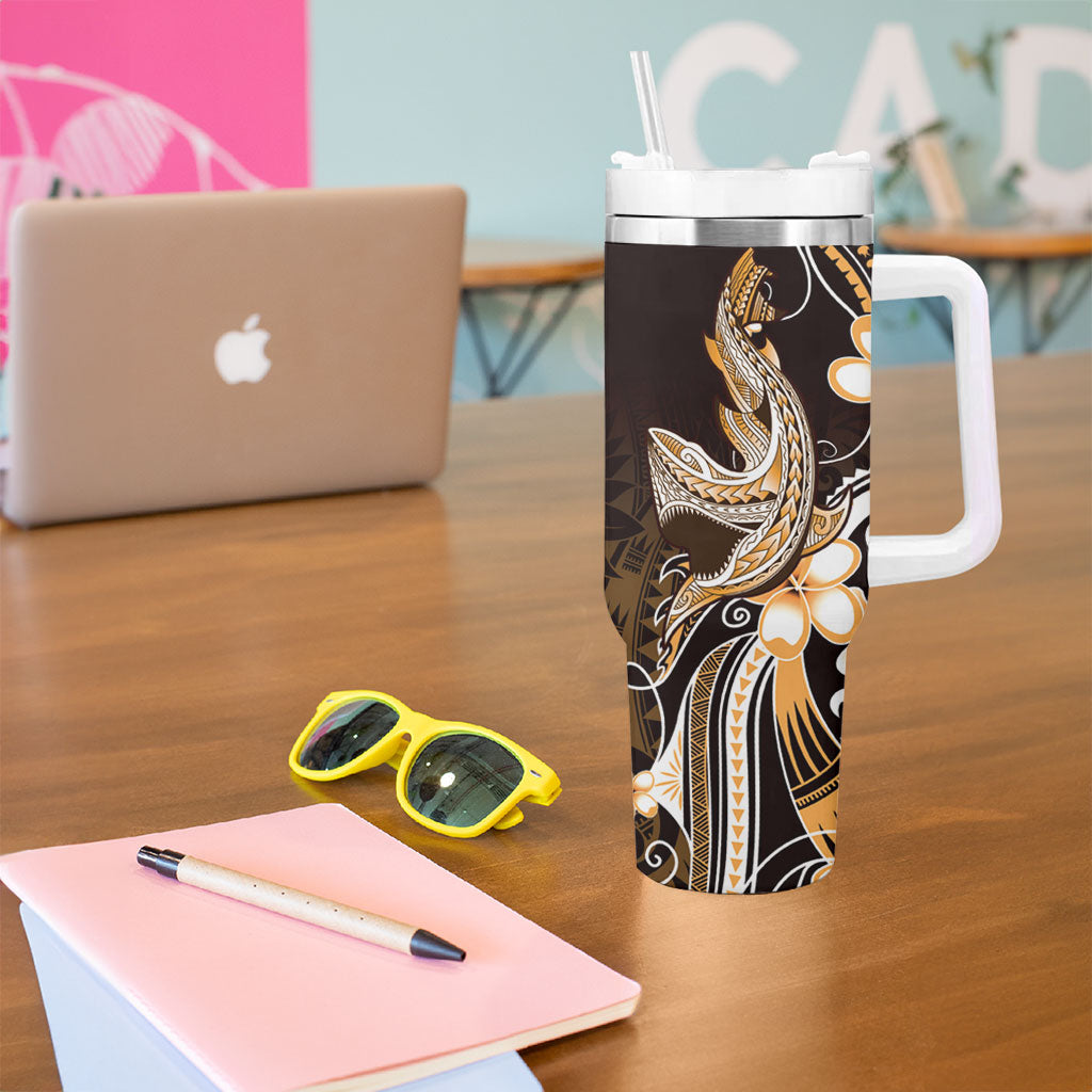 Orange Black Aloha Hawaii Tumbler With Handle Polynesian Shark Tattoo Plumeria LT14 - Polynesian Pride