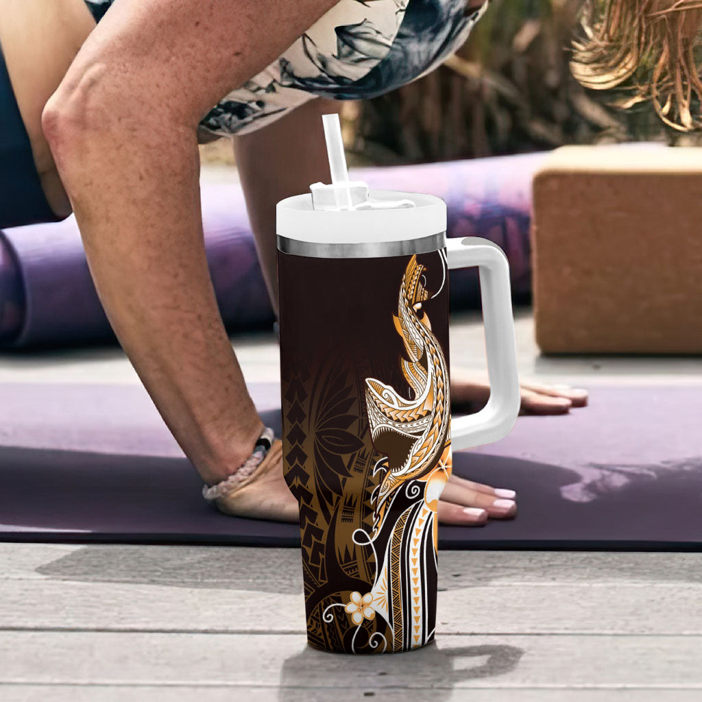 Orange Black Aloha Hawaii Tumbler With Handle Polynesian Shark Tattoo Plumeria LT14 - Polynesian Pride