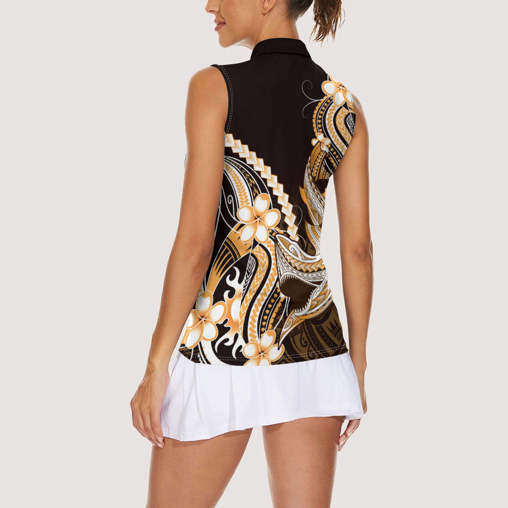 Orange Black Aloha Hawaii Women Sleeveless Polo Shirt Polynesian Shark Tattoo Plumeria LT14 - Polynesian Pride